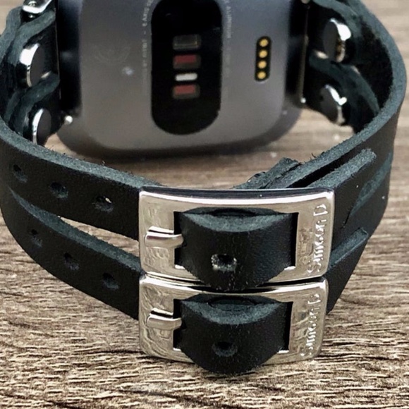 Double Strap Black Leather Fitbit Versa Bracelet